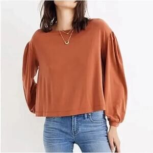 Madewell Burnt Orange Gathered Puff Sleeve Boat Neck Modal Knit Top SZ XS